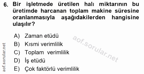 6. soru: Bir işletmede üretilen halı miktarının bu üretimde harcanan toplam makine süresine oranlamasıyla aşağıdakilerden hang…