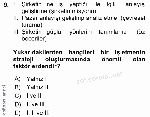 9. soru: I. Şirketin ne iş yaptığı ile ilgili anlayış geliştirme (şirketin misyonu) II. Pazar anlayışı geliştirip analiz etme…