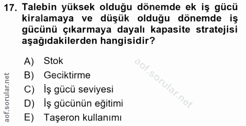 17. soru: Talebin yüksek olduğu dönemde ek iş gücü kiralamaya ve düşük olduğu dönemde iş gücünü çıkarmaya dayalı kapasite strat…