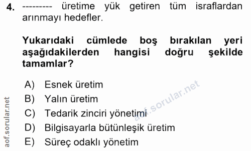 4. soru: üretime yük getiren tüm israflardan arınmayı hedefler. Yukarıdaki cümlede boş bırakılan yeri aşağıdakilerden hangisi…