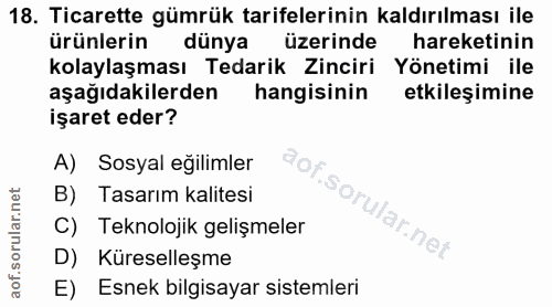18. soru: Ticarette gümrük tarifelerinin kaldırılması ile ürünlerin dünya üzerinde hareketinin kolaylaşması Tedarik Zinciri Yön…