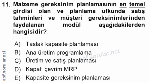 11. soru: Malzeme gereksinim planlamasının en temel girdisi olan ve planlama ufkunda satış tahminleri ve müşteri gereksinimleri…
