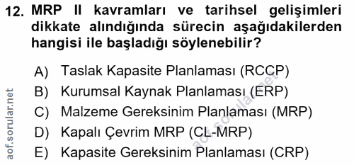 12. soru: MRP II kavramları ve tarihsel gelişimleri dikkate alındığında sürecin aşağıdakilerden hangisi ile başladığı söylenebi…