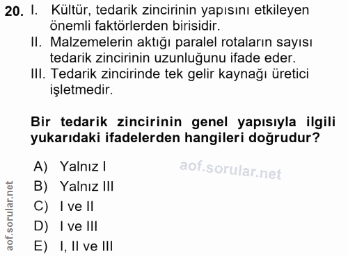 20. soru: I. Kültür, tedarik zincirinin yapısını etkileyen önemli faktörlerden birisidir. Il. Malzemelerin aktığı paralel rotal…