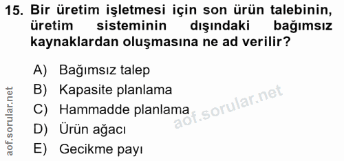 15. soru: Bir üretim işletmesi için son ürün talebinin, üretim sisteminin dışındaki bağımsız kaynaklardan oluşmasına ne ad veri…