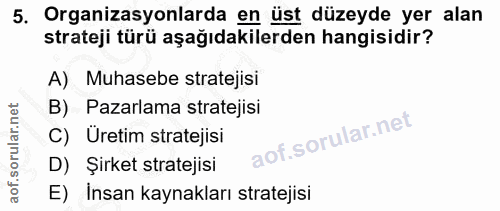 5. soru: Organizasyonlarda en üst düzeyde yer alan strateji türü aşağıdakilerden hangisidir? A) Muhasebe stratejisi B) Pazarla…