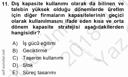 11. soru: Dış kapasite kullanımı olarak da bilinen ve talebin yüksek olduğu dönemlerde üretim için diğer firmaların kapasiteler…