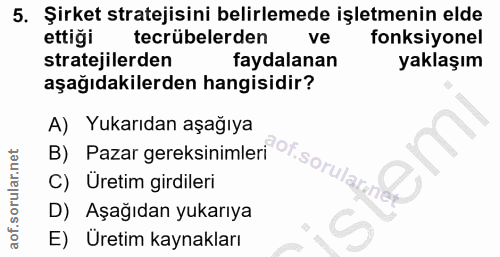 5. soru: Şirket stratejisini belirlemede işletmenin elde ettiği tecrübelerden ve fonksiyonel stratejilerden faydalanan yaklaşı…