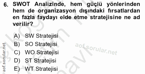 6. soru: SWOT Analizinde, hem güçlü yönlerinden hem de organizasyon dışındaki fırsatlardan en fazla faydayı elde etme strateji…