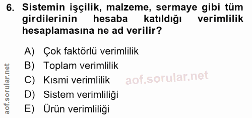 6. soru: Sistemin işçilik, malzeme, sermaye gibi tüm girdilerinin hesaba katıldığı verimlilik hesaplamasına ne ad verilir? A)…