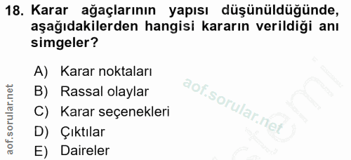 18. soru: Karar ağaçlarının yapısı düşünüldüğünde, aşağıdakilerden hangisi kararın verildiği anı simgeler? A) Karar noktaları B…