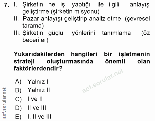 7. soru: I. Şirketin ne iş yaptığı ile ilgili anlayış geliştirme (şirketin misyonu) II. Pazar anlayışı geliştirip analiz etme…