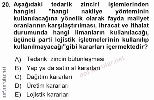 20. soru: Aşağıdaki tedarik zinciri işlemlerinden hangisi "hangi nakliye yönteminin kullanılacağına yönelik olarak fayda maliye…
