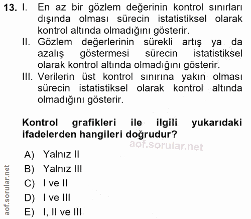13. soru: I. En az bir gözlem değerinin kontrol sınırları dışında olması sürecin istatistiksel olarak kontrol altında olmadığın…