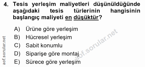 4. soru: Tesis yerleşim maliyetleri düşünüldüğünde aşağıdaki tesis türlerinin hangisinin başlangıç maliyeti en düşüktür? A) Ür…