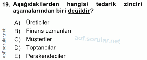 19. soru: Aşağıdakilerden hangisi tedarik zinciri aşamalarından biri değildir? A) Üreticiler B) Finans uzmanları C) Müşteriler…