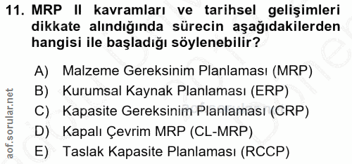 11. soru: MRP II kavramları ve tarihsel gelişimleri dikkate alındığında sürecin aşağıdakilerden hangisi ile başladığı söylenebi…