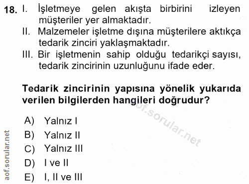 18. soru: I. İşletmeye gelen akışta birbirini izleyen müşteriler yer almaktadır. II. Malzemeler işletme dışına müşterilere aktı…