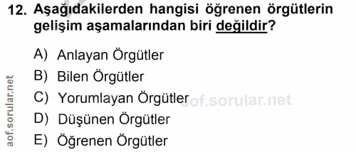 12. soru: Aşağıdakilerden hangisi öğrenen örgütlerin gelişim aşamalarından biri değildir? A) Anlayan Örgütler B) Bilen Örgütler…