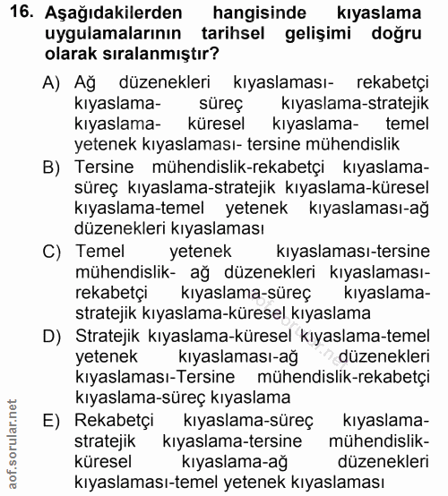 16. soru: Aşağıdakilerden hangisinde kıyaslama uygulamalarının tarihsel gelişimi doğru olarak sıralanmıştır? A) Ağ düzenekleri…