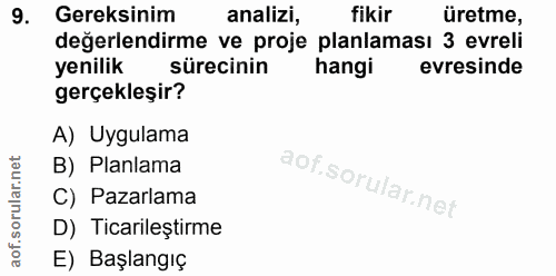 9. soru: Gereksinim analizi, fikir üretme, değerlendirme ve proje planlaması 3 evreli yenilik sürecinin hangi evresinde gerçek…