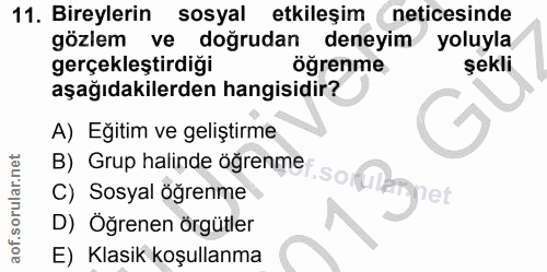 11. soru: Bireylerin sosyal etkileşim neticesinde gözlem ve doğrudan deneyim yoluyla gerçekleştirdiği öğrenme şekli aşağıdakile…