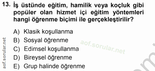 13. soru: İş üstünde eğitim, hamilik veya koçluk gibi popüler olan hizmet içi eğitim yöntemleri hangi öğrenme biçimi ile gerçek…