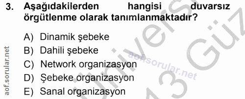 3. soru: Aşağıdakilerden hangisi duvarsız örgütlenme olarak tanımlanmaktadır? A) Dinamik şebeke B) Dahili şebeke C) Network or…