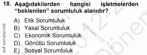 18. soru: Aşağıdakilerden @ hangisi işletmelerden "beklenilen" sorumluluk alanıdır? A) Etik Sorumluluk B) Yasal Sorumluluk C) E…