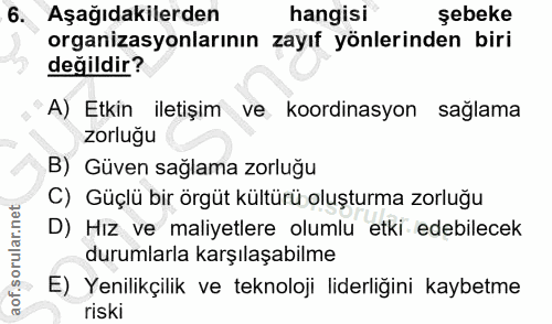 6. soru: Aşağıdakilerden hangisi şebeke organizasyonlarının zayıf yönlerinden biri değildir? A) Etkin iletişim ve koordinasyon…