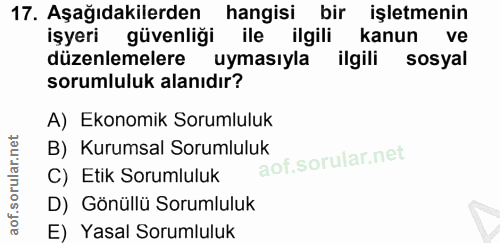 17. soru: Aşağıdakilerden hangisi bir işletmenin işyeri güvenliği ile ilgili kanun ve düzenlemelere uymasıyla ilgili sosyal sor…