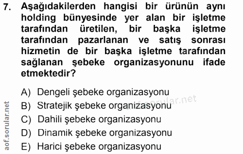 7. soru: Aşağıdakilerden hangisi bir ürünün aynı holding bünyesinde yer alan bir işletme tarafından üretilen, bir başka işletm…