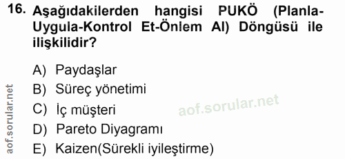 16. soru: Aşağıdakilerden hangisi PUKÖ (Planla- Uygula-Kontrol Et-Önlem Al) Döngüsü ile ilişkilidir? A) Paydaşlar B) Süreç yöne…