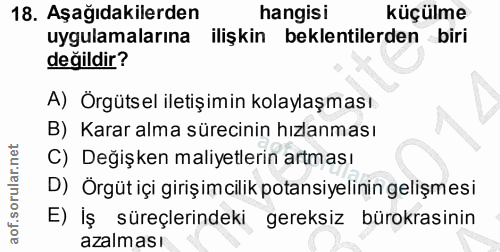 18. soru: Aşağıdakilerden hangisi küçülme uygulamalarına ilişkin beklentilerden biri değildir? A) Orgütsel iletişimin kolaylaşm…