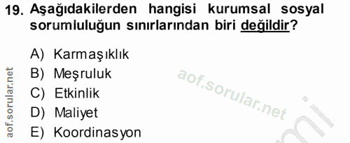 19. soru: Aşağıdakilerden hangisi kurumsal sosyal sorumluluğun sınırlarından biri değildir? A) Karmaşıklık B) Meşruluk C) Etkin…