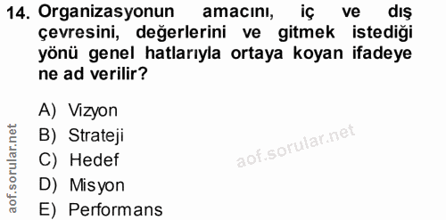 14. soru: Organizasyonun amacıni, iç ve dis çevresini, değerlerini ve gitmek istediği yönü genel hatlarıyla ortaya koyan ifadey…