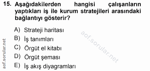 15. soru: Aşağıdakilerden hangisi çalışanların yaptıkları iş ile kurum stratejileri arasındaki bağlantıyı gösterir? A) Strateji…