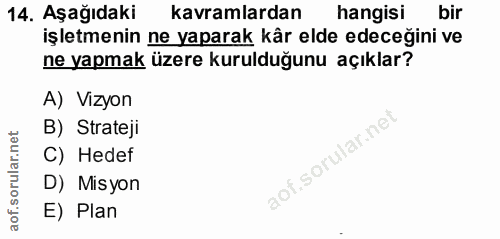 14. soru: Aşağıdaki kavramlardan hangisi bir işletmenin ne yaparak kâr elde edeceğini ve ne yapmak üzere kurulduğunu açıklar? A…