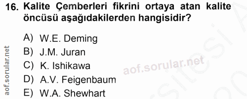 16. soru: Kalite Çemberleri fikrini ortaya atan kalite öncüsü aşağıdakilerden hangisidir? A) W.E. Deming B) J.M. Juran C) K. Is…
