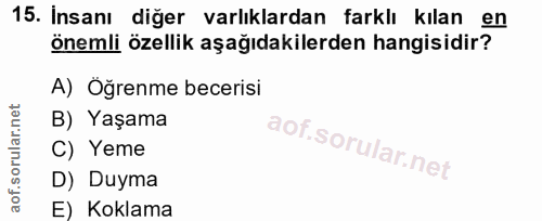 15. soru: Insanı diğer varlıklardan farklı kılan en önemli özellik aşağıdakilerden hangisidir? A) Öğrenme becerisi B) Yaşama C)…
