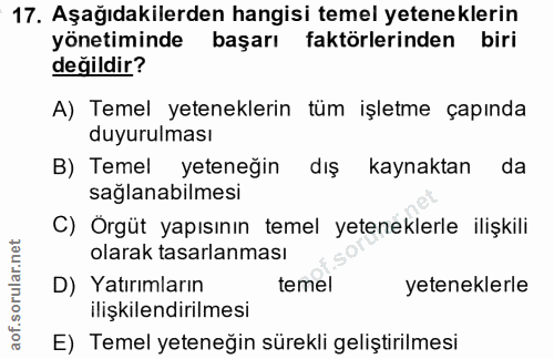 17. soru: Aşağıdakilerden hangisi temel yeteneklerin yönetiminde başarı faktörlerinden biri değildir? A) Temel yeteneklerin tüm…