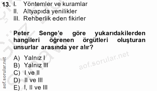 13. soru: Yöntemler ve kuramlar II. Altyapıda yenilikler III. Rehberlik eden fikirler Peter/ Senge'e göre yukarıdakilerden hang…