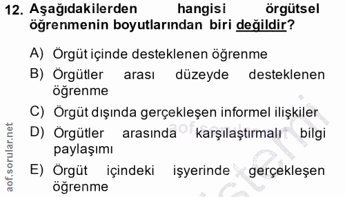 12. soru: Aşağıdakilerden hangisi örgütsel öğrenmenin boyutlarından biri değildir? A) Örgüt içinde desteklenen öğrenme B) Örgüt…