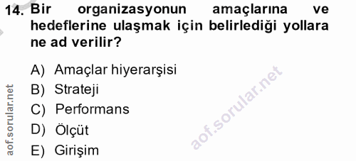 14. soru: Bir organizasyonun amaçlarına ve hedeflerine ulaşmak için belirledigi yollara ne ad verilir? A) Amaçlar hiyerarşisi B…