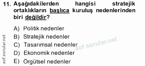 11. soru: Aşağıdakilerden hangisi stratejik ortaklıkların başlıca kuruluş nedenlerinden biri değildir? A) Politik nedenler C) T…