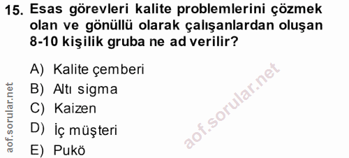 15. soru: Esas görevleri kalite problemlerini çözmek olan ve gönüllü olarak çalışanlardan oluşan 8-10 kişilik gruba ne ad veril…