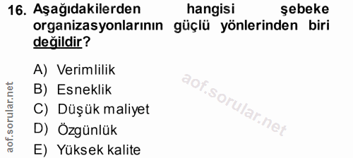 16. soru: Aşağıdakilerden hangisi şebeke organizasyonlarının güçlü yönlerinden biri değildir? A) Verimlilik B) Esneklik C) Düşü…