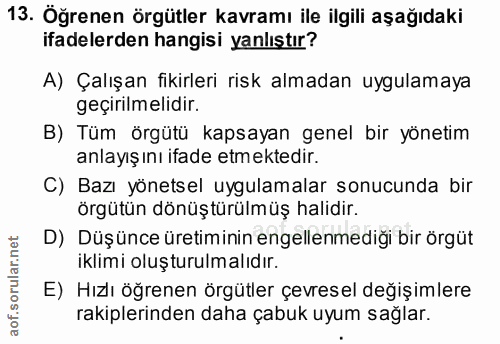 13. soru: Öğrenen örgütler kavramı ile ilgili aşağıdaki ifadelerden hangisi yanlıştır? A) Çalışan fikirleri risk almadan uygula…