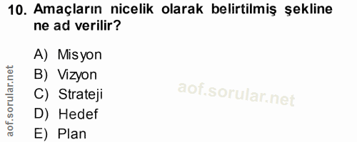 10. soru: Amaçların nicelik olarak belirtilmiş şekline ne ad verilir? A) Misyon B) Vizyon C) Strateji D) Hedef E) Plan