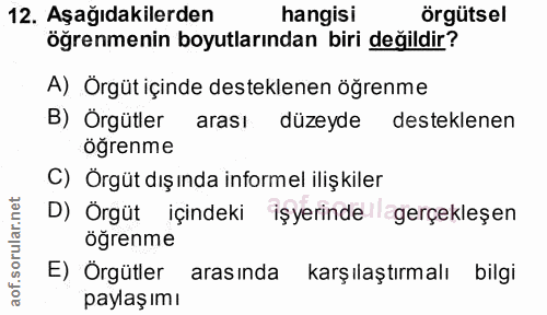 12. soru: Aşağıdakilerden hangisi örgütsel öğrenmenin boyutlarından biri değildir? A) Örgüt içinde desteklenen öğrenme B) Orgüt…